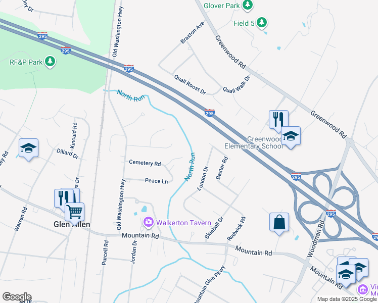 map of restaurants, bars, coffee shops, grocery stores, and more near 10920 Robin Spring Lane in Glen Allen