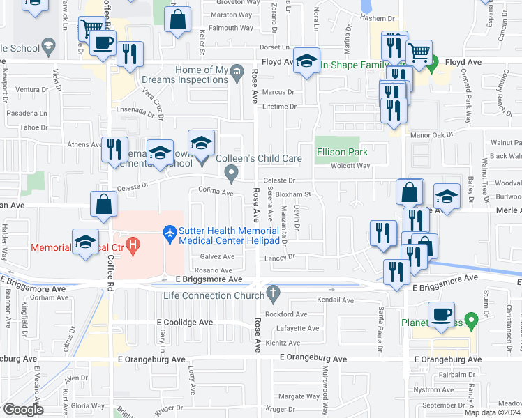 map of restaurants, bars, coffee shops, grocery stores, and more near 1834 Rose Avenue in Modesto