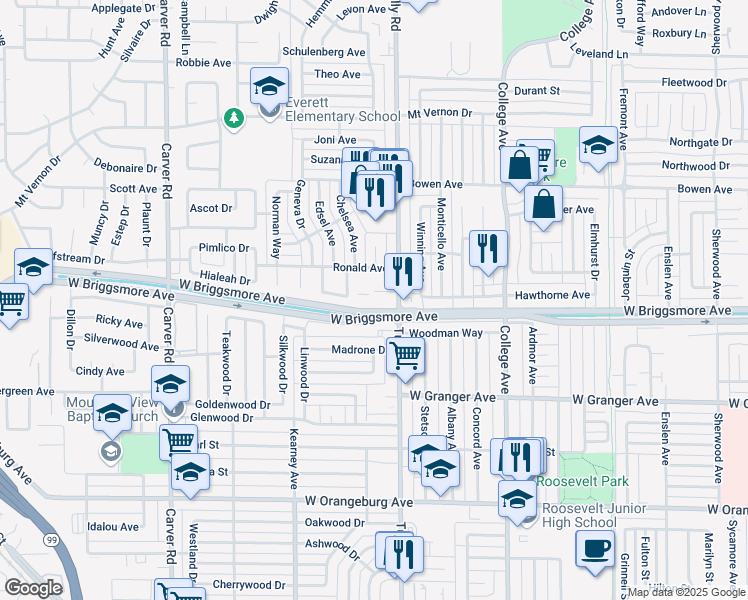 map of restaurants, bars, coffee shops, grocery stores, and more near 1801 Tully Road in Modesto