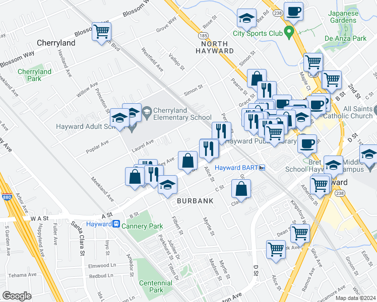 map of restaurants, bars, coffee shops, grocery stores, and more near 22400 Flagg Street in Hayward