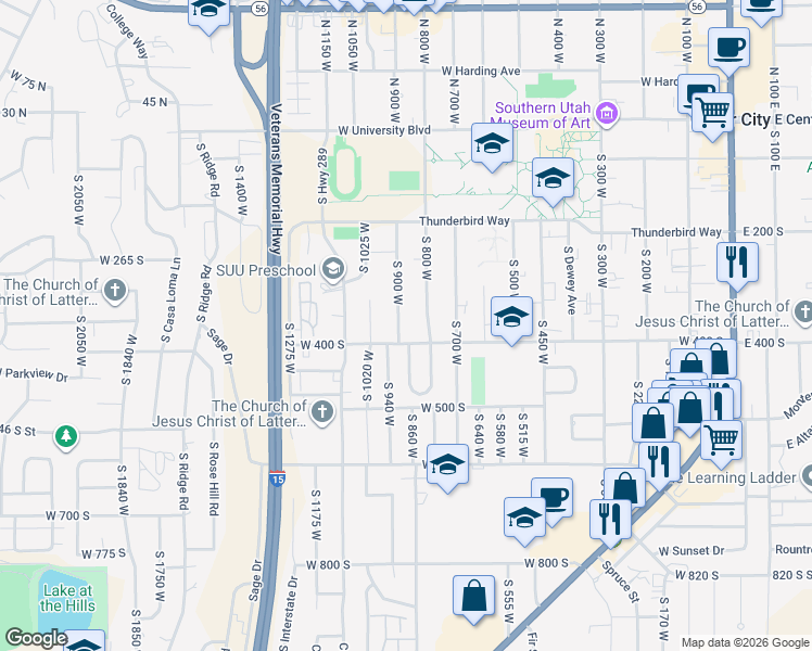 map of restaurants, bars, coffee shops, grocery stores, and more near 375 South 900 West in Cedar City