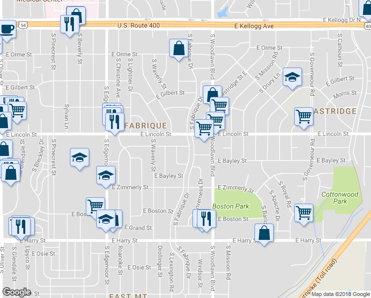 map of restaurants, bars, coffee shops, grocery stores, and more near 923 Fabrique Street in Wichita