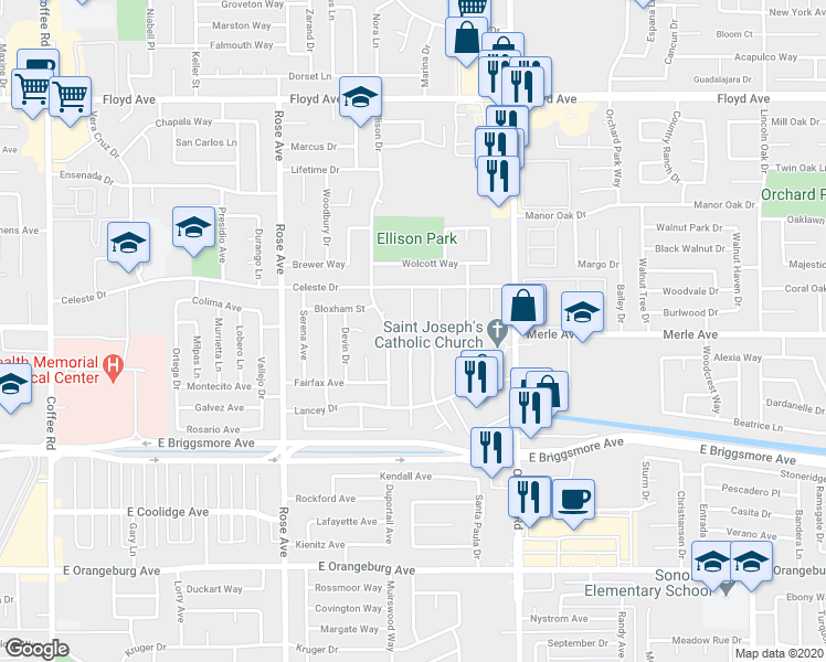 map of restaurants, bars, coffee shops, grocery stores, and more near 1906 Celeste Court in Modesto