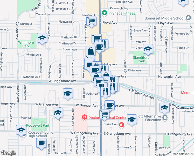 map of restaurants, bars, coffee shops, grocery stores, and more near 1809 McHenry Ave in Modesto