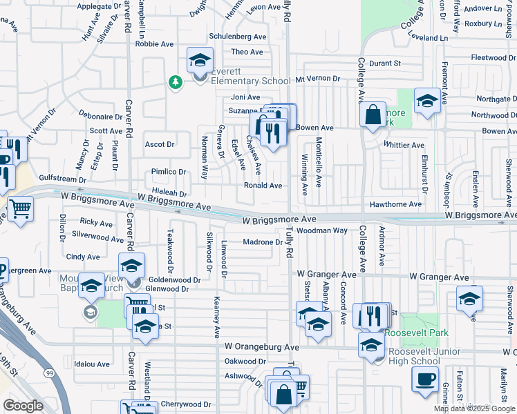 map of restaurants, bars, coffee shops, grocery stores, and more near 1822 Waring Way in Modesto