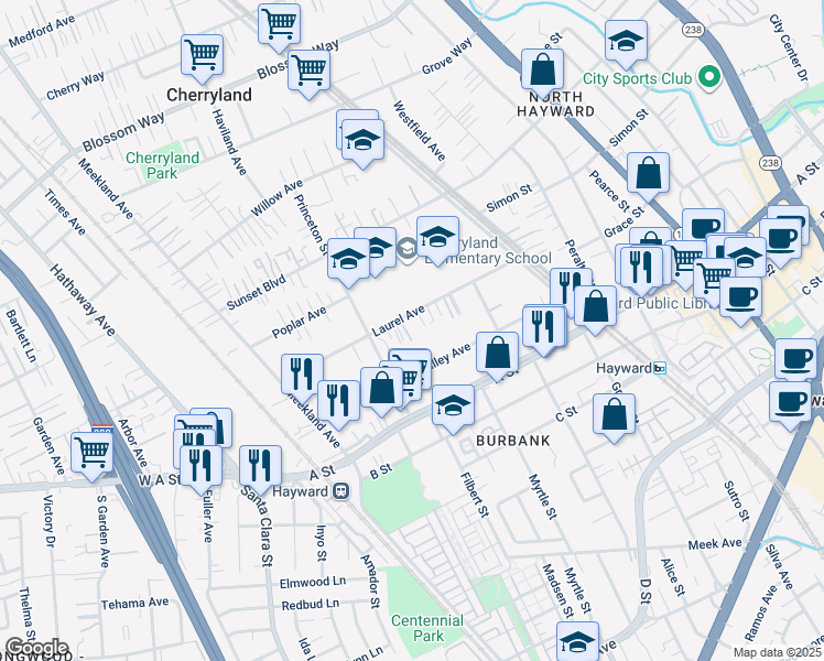 map of restaurants, bars, coffee shops, grocery stores, and more near 347 Laurel Avenue in Hayward