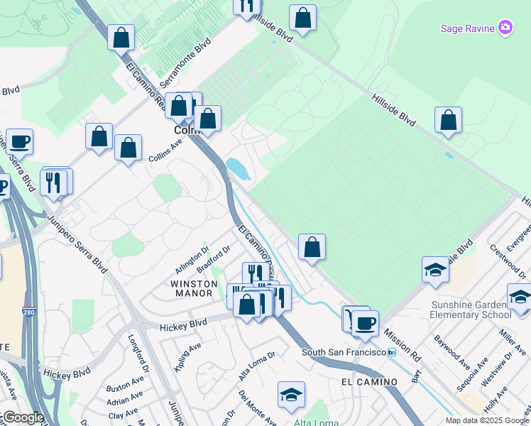 map of restaurants, bars, coffee shops, grocery stores, and more near 1670 Mission Road in South San Francisco