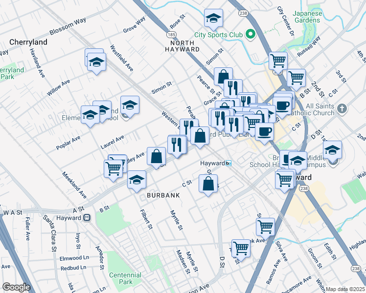 map of restaurants, bars, coffee shops, grocery stores, and more near 558 A Street in Hayward