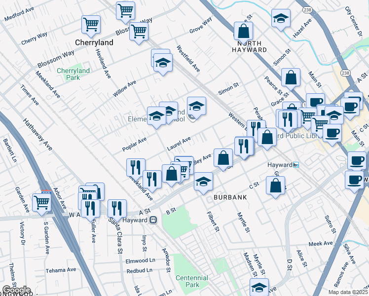map of restaurants, bars, coffee shops, grocery stores, and more near 353 Laurel Avenue in Hayward