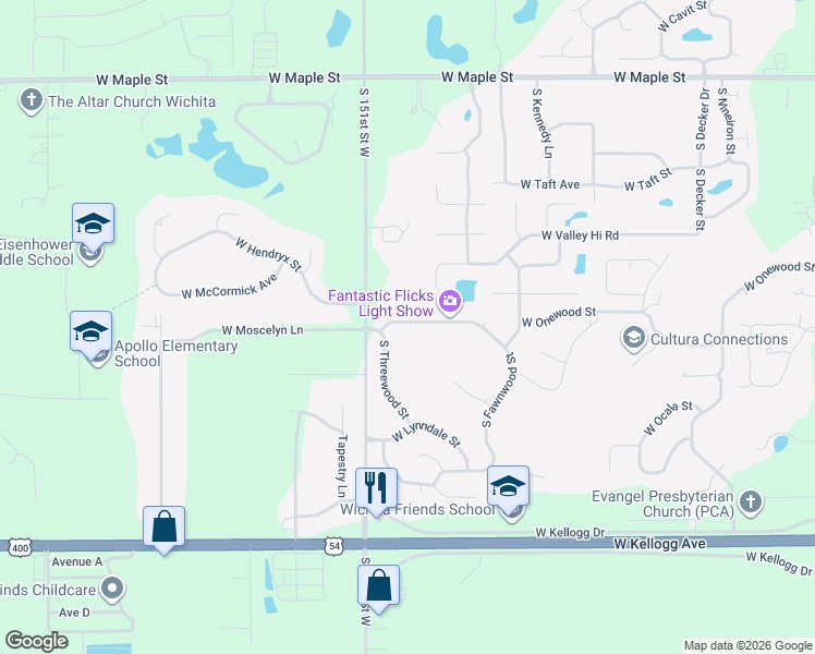 map of restaurants, bars, coffee shops, grocery stores, and more near 15009 Moscelyn in Wichita