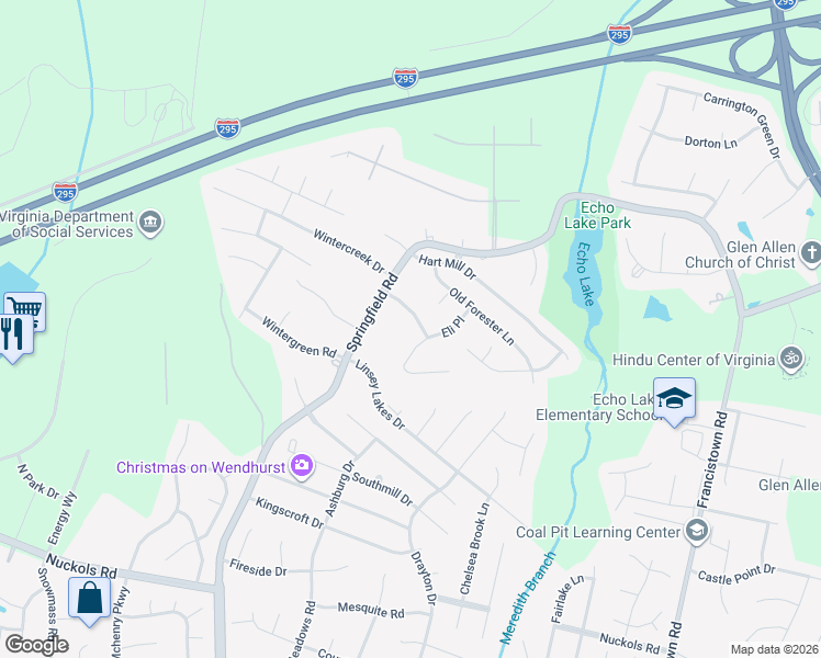 map of restaurants, bars, coffee shops, grocery stores, and more near 5304 Jacobs Creek Dr in Glen Allen