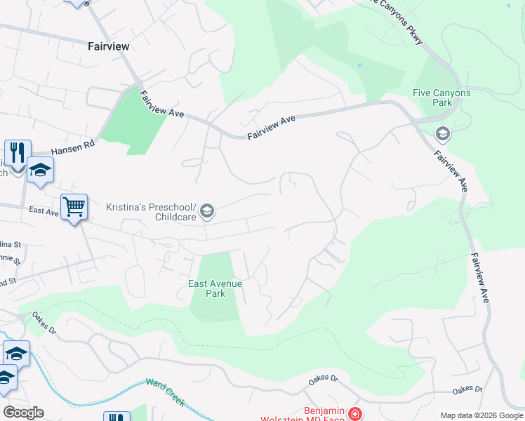map of restaurants, bars, coffee shops, grocery stores, and more near 3498 Bridle Drive in Hayward