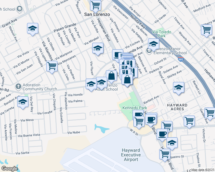 map of restaurants, bars, coffee shops, grocery stores, and more near 790 Bockman Road in San Lorenzo