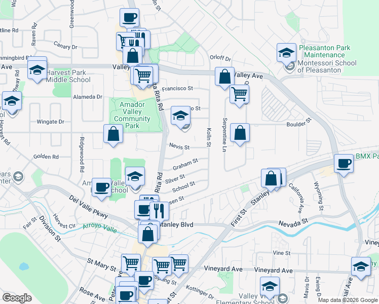 map of restaurants, bars, coffee shops, grocery stores, and more near 4082 Nevis Street in Pleasanton