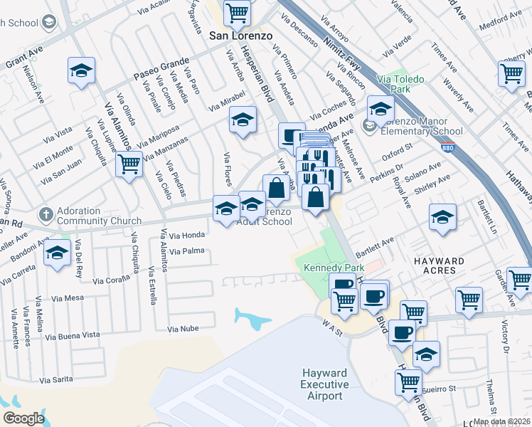 map of restaurants, bars, coffee shops, grocery stores, and more near 790 Bockman Road in San Lorenzo