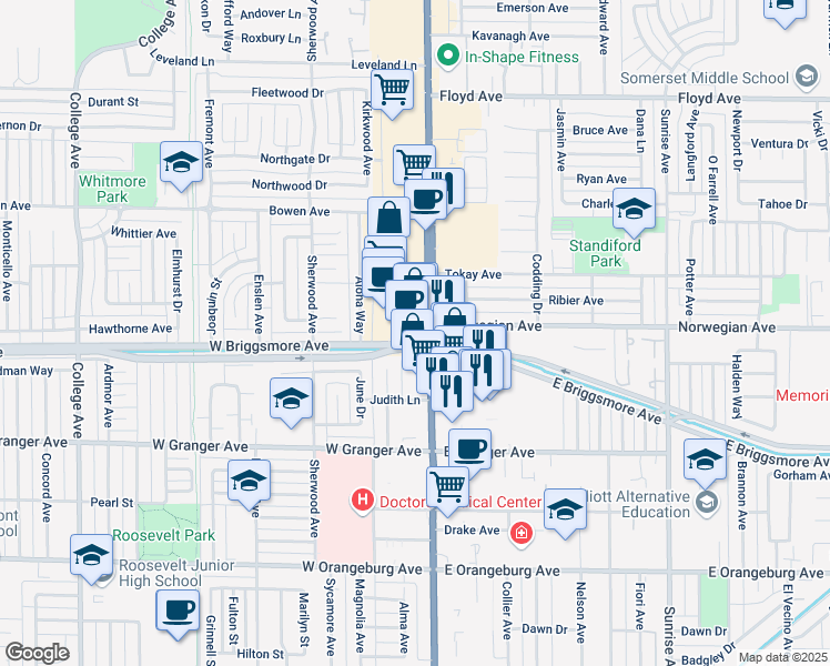 map of restaurants, bars, coffee shops, grocery stores, and more near 1801 McHenry Avenue in Modesto