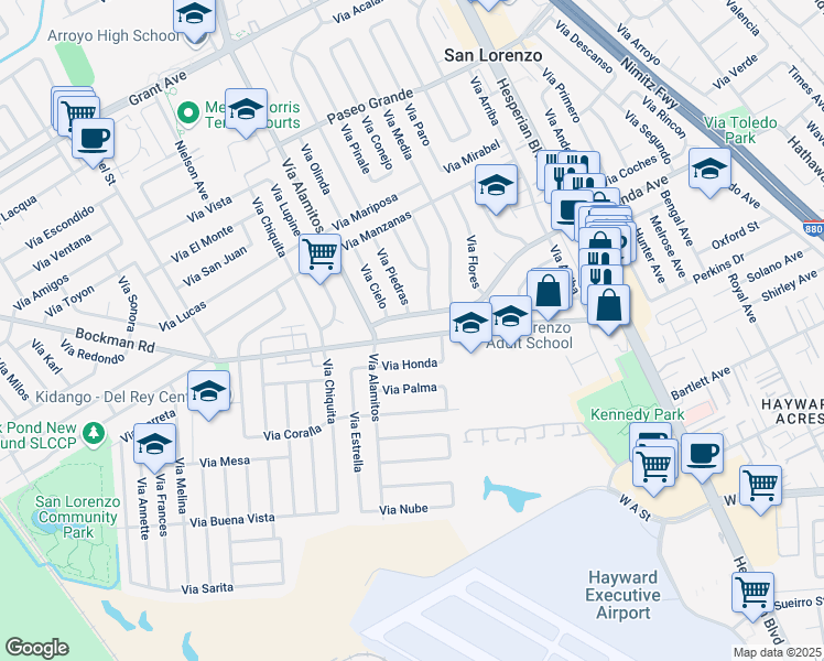 map of restaurants, bars, coffee shops, grocery stores, and more near 955 Bockman Road in San Lorenzo