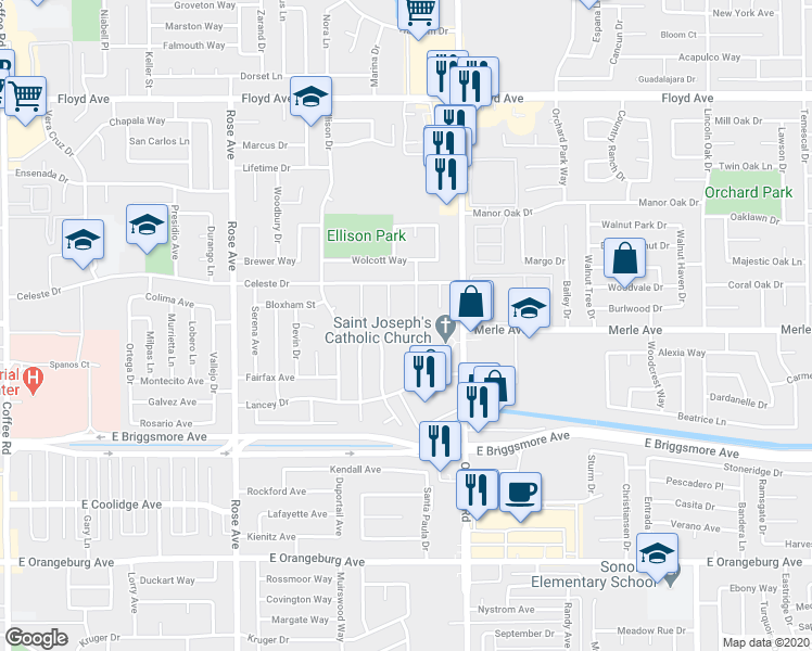 map of restaurants, bars, coffee shops, grocery stores, and more near 1909 Althoff Court in Modesto