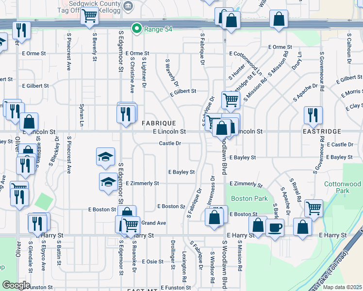 map of restaurants, bars, coffee shops, grocery stores, and more near 6013 Castle Dr in Wichita