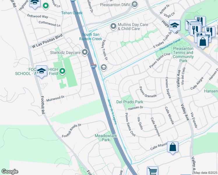 map of restaurants, bars, coffee shops, grocery stores, and more near 6827 Corte Nuevo in Pleasanton