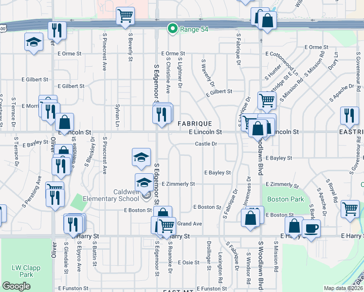 map of restaurants, bars, coffee shops, grocery stores, and more near 5715 Castle Drive in Wichita