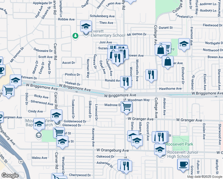 map of restaurants, bars, coffee shops, grocery stores, and more near 1822 Waring Way in Modesto