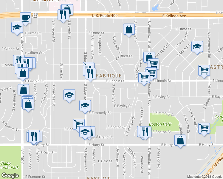 map of restaurants, bars, coffee shops, grocery stores, and more near 925 S Waverly St in Wichita