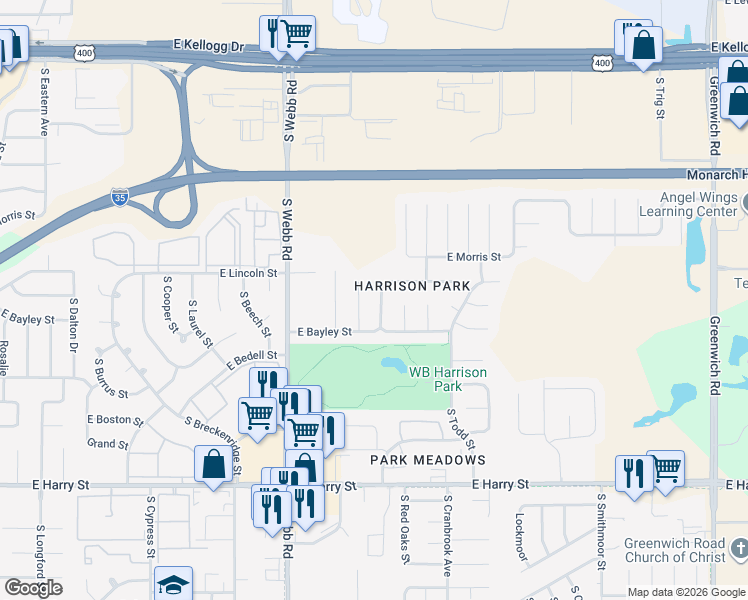 map of restaurants, bars, coffee shops, grocery stores, and more near 1217 South Goebel Street in Wichita