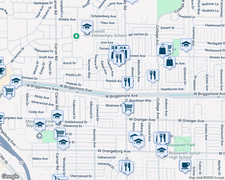 map of restaurants, bars, coffee shops, grocery stores, and more near 1822 Waring Way in Modesto