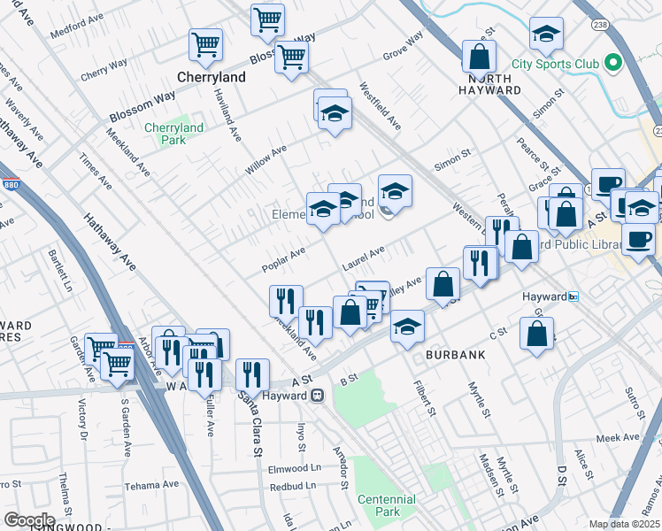 map of restaurants, bars, coffee shops, grocery stores, and more near 22211 Princeton Street in Hayward
