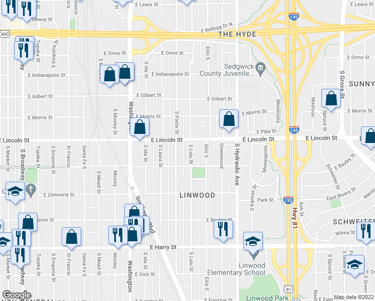 map of restaurants, bars, coffee shops, grocery stores, and more near 1221 South Lulu Street in Wichita
