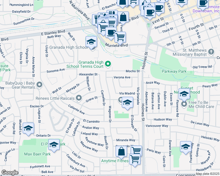 map of restaurants, bars, coffee shops, grocery stores, and more near 900 Wagoner Drive in Livermore