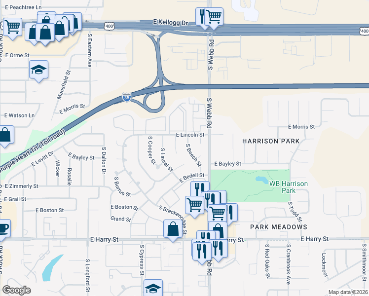 map of restaurants, bars, coffee shops, grocery stores, and more near 931 South Beech Street in Wichita