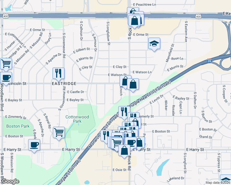 map of restaurants, bars, coffee shops, grocery stores, and more near 934 South Longfellow Lane in Wichita
