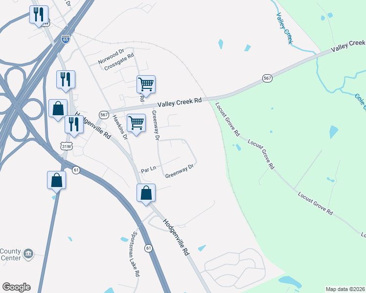 map of restaurants, bars, coffee shops, grocery stores, and more near 1034 Greenway Drive in Elizabethtown