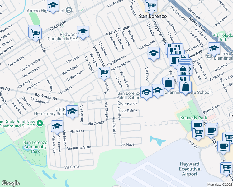 map of restaurants, bars, coffee shops, grocery stores, and more near 17137 Vía Alamitos in San Lorenzo
