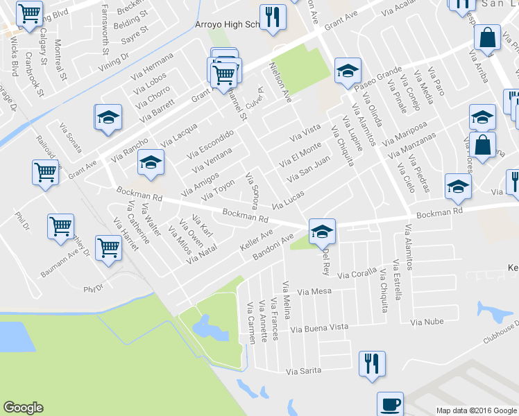 map of restaurants, bars, coffee shops, grocery stores, and more near 16200 Vía Sonora in San Lorenzo