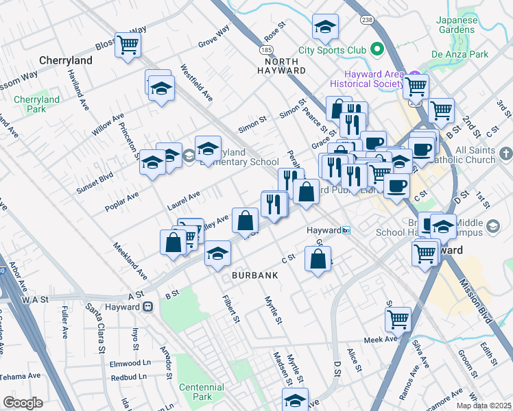 map of restaurants, bars, coffee shops, grocery stores, and more near 521 Smalley Avenue in Hayward