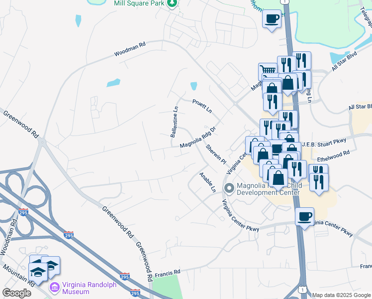 map of restaurants, bars, coffee shops, grocery stores, and more near 1804 Sidney Court in Glen Allen
