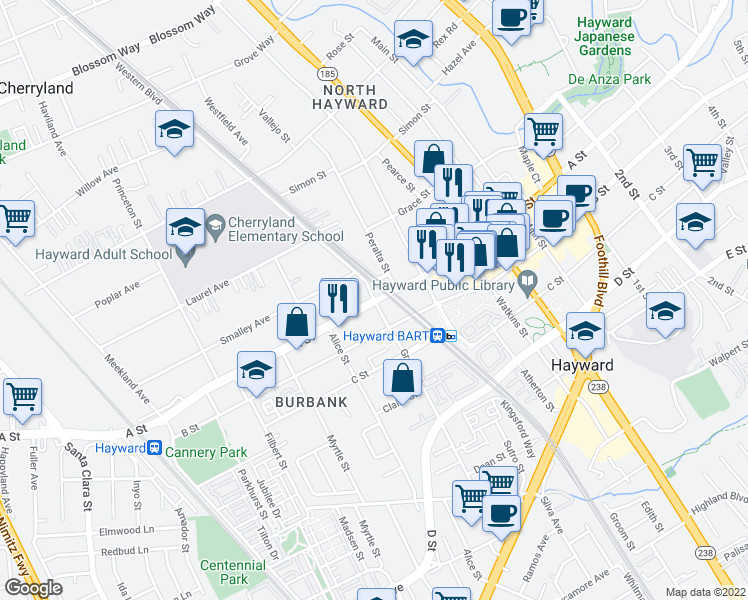 map of restaurants, bars, coffee shops, grocery stores, and more near A Street & Western Boulevard in Hayward
