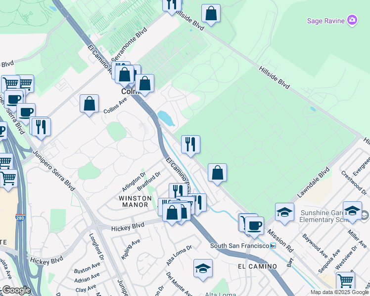 map of restaurants, bars, coffee shops, grocery stores, and more near 1670 Mission Road in South San Francisco
