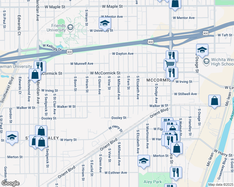 map of restaurants, bars, coffee shops, grocery stores, and more near 1121 South Millwood Avenue in Wichita