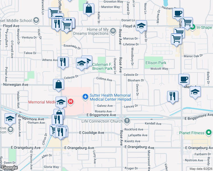 map of restaurants, bars, coffee shops, grocery stores, and more near 1836 Murrietta Ln in Modesto