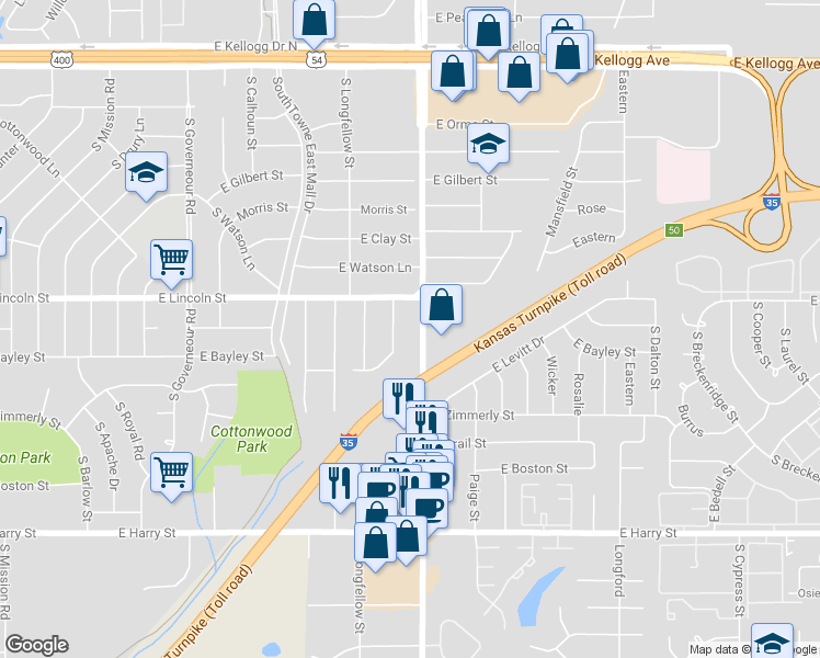 map of restaurants, bars, coffee shops, grocery stores, and more near 951 South Rock Road in Wichita