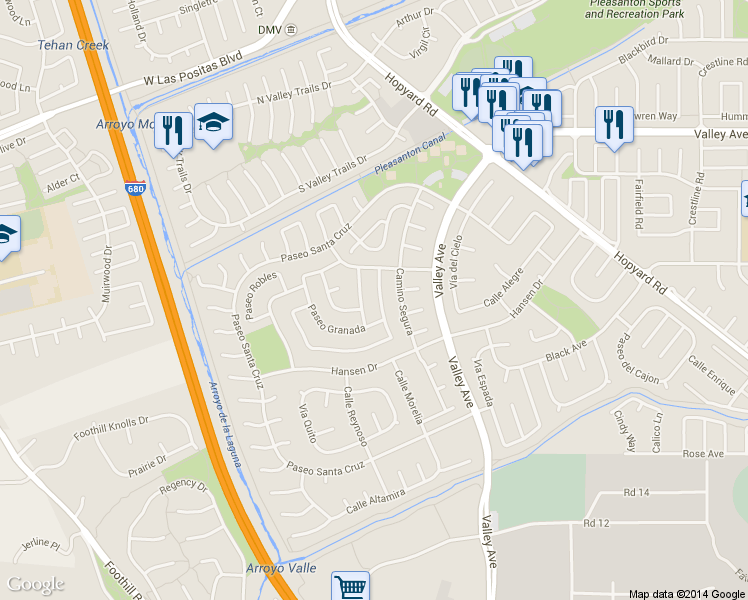 map of restaurants, bars, coffee shops, grocery stores, and more near 2754 Calle de la Loma in Pleasanton