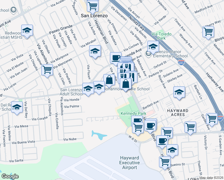 map of restaurants, bars, coffee shops, grocery stores, and more near 746 Bockman Road in San Lorenzo