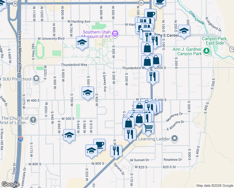 map of restaurants, bars, coffee shops, grocery stores, and more near 376 South 300 West in Cedar City