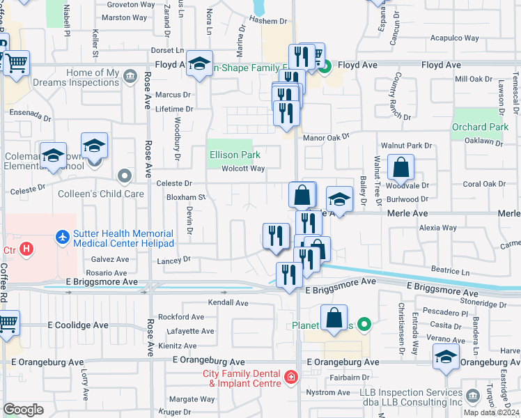 map of restaurants, bars, coffee shops, grocery stores, and more near 1909 Althoff Court in Modesto