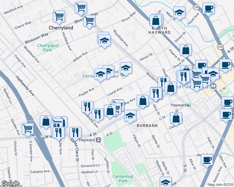 map of restaurants, bars, coffee shops, grocery stores, and more near 347 Laurel Avenue in Hayward