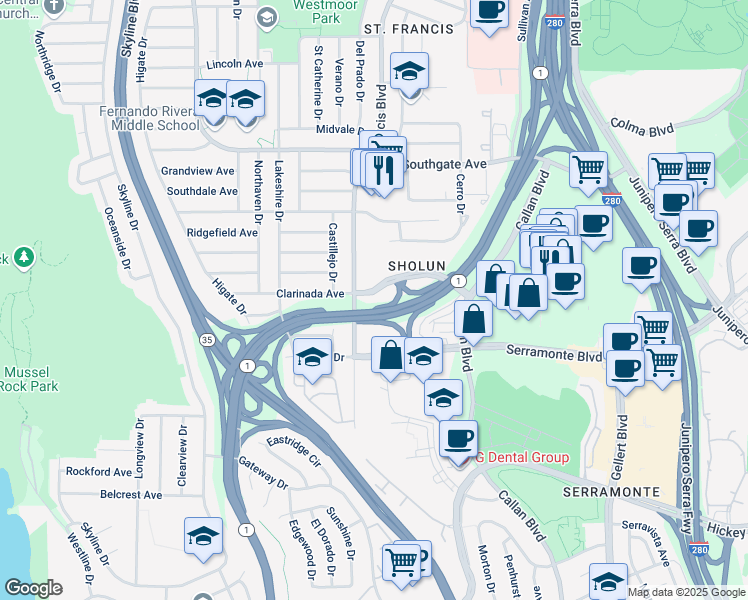map of restaurants, bars, coffee shops, grocery stores, and more near 595 Clarinada Avenue in Daly City